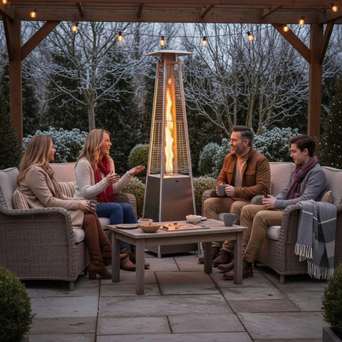 Durable Outdoor Propane Pyramid Patio Heater With Waterproof Cover And Wheels, 88 Inch Quartz Glass Tube, 48,000 BTU For Deck And Backyard in use