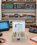 Front view of YEAZ 2600-piece resistor kit in a plastic case; 1/4W carbon-film resistors, values 1Ω–3MΩ, 5%