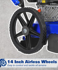 Close-up of 14-inch flat free wheel on Workhorse Heavy Duty Walk Behind Gas String Trimmer with a durable metal frame.