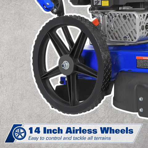 Close-up of 14-inch flat free wheel on Workhorse Heavy Duty Walk Behind Gas String Trimmer with a durable metal frame.
