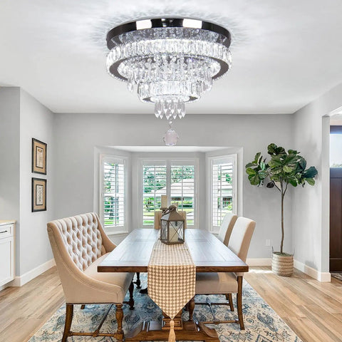 15.7 Inch Crystal Semi Flush Mount Ceiling Light With 2 Ring LED Chandelier Built In Non Dimmable LED Cool White 6500K in dining room