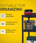 Workhorse 4 Shelf Plastic Storage Shelves Unit 48 Inch By 23 Inch By 14 Inch Holds Up To 200 Lbs Great For Pantry Garage Closet And Office Easy To Assemble Durable Plastic Shelving, black 4-shelf unit with storage bins for garage and laundry room