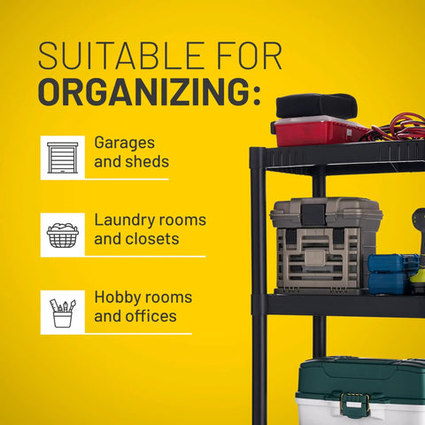 Workhorse 4 Shelf Plastic Storage Shelves Unit 48 Inch By 23 Inch By 14 Inch Holds Up To 200 Lbs Great For Pantry Garage Closet And Office Easy To Assemble Durable Plastic Shelving, black 4-shelf unit with storage bins for garage and laundry room