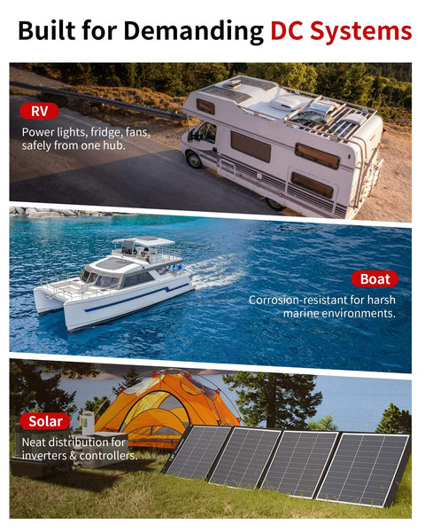 Image showing RV, boat, and solar panels highlighting DC systems for marine, automotive, and solar applications.