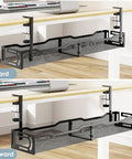 25 Inch Under Desk Cable Management Tray No Drill Clamp Heavy Duty Metal Cord Organizer installed on desk, black finish