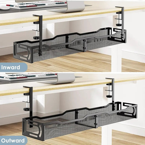 25 Inch Under Desk Cable Management Tray No Drill Clamp Heavy Duty Metal Cord Organizer installed on desk, black finish