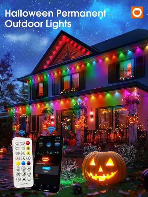 House decorated with 48Ft Smart Outdoor LED String Lights for Patio and Yard, remote and app control, Halloween theme.
