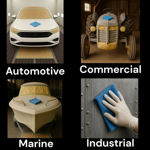 LiME LiNE 2K Clearcoat automotive paint kit collage of four items: car, tractor, boat, and industrial surface.