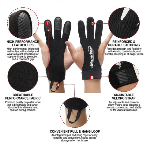 Archery Gloves 2 Pack Leather Three Finger Guard For Youth And Adults Left Or Right Hand Shooting Gear For Recurve Bow Hunting Beginner Safe Protection With Durable Anti Slip Leather Pads showcasing features like anti-slip leather tips, breathable fabric and velcro strap.