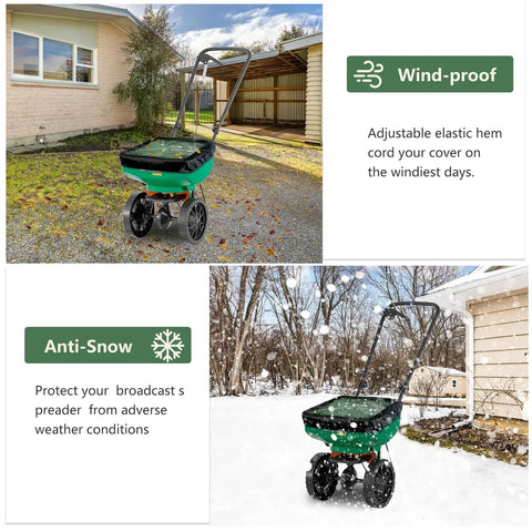 Mini Broadcast Spreader Cover With Clear PVC Window Waterproof 18.1 Inch By 16.1 Inch on spreaders, outdoors in wind and snow