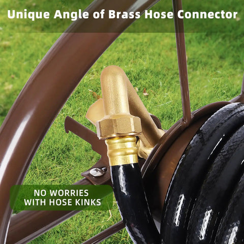 Heavy Duty Freestanding Hose Reel Cart With Four Wheels That Holds 300 Feet Of 5/8 Inch Hose Includes 6.5 Foot Leader Hose No Kink Brass Connector close-up