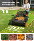 Heavy Duty Push Lawn Sweeper With 30 Inch Wide Broom And 12 Cubic Foot Hopper Bag For No Sweat Grass And Leaf Pickup Across Big Lawns Patios Sidewalks And Driveways, user sweeping leaves on grass.
