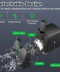 Ultra Quiet Submersible Pump 200GPH 800 L Per H 15W With Overheating Protection, showing detachable design and components.