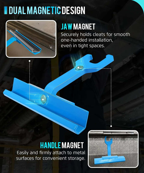 One-Handed Magnetic Duct Cleat Tool For TDC TDF PPC PPF Clips, 4 Inch Handle, blue tool with dual magnets for secure HVAC installation.