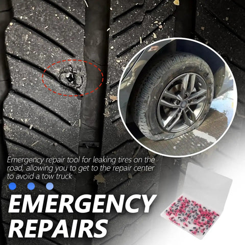 Close-up of tire puncture and 100 Piece Tire Plug Kit With Screwdriver For Quick Flat Tire Repair, emergency tool for cars.