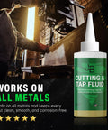 Cutting And Tapping Fluid 4 Oz bottle with worker drilling metal, high performance lubricant for machining all metals.