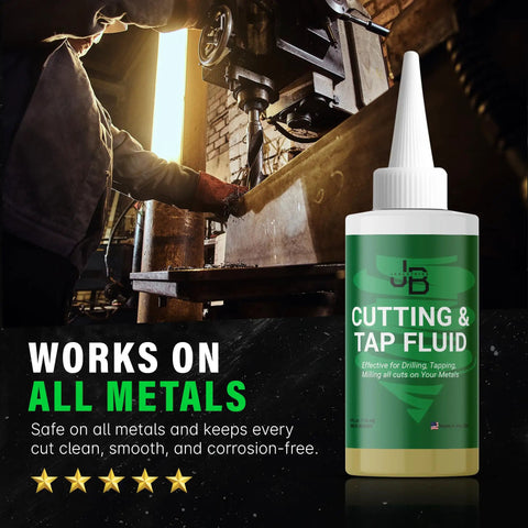 Cutting And Tapping Fluid 4 Oz bottle with worker drilling metal, high performance lubricant for machining all metals.