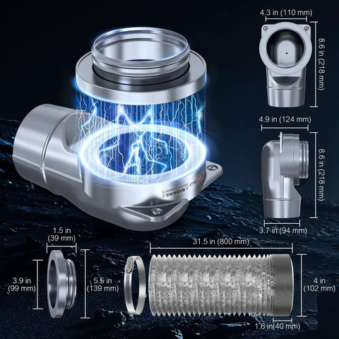 Magnetic Dryer Vent Coupling Kit With Quick Connect 4 inch duct, self-aligning magnets illustration and 2.6 ft hose details