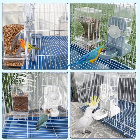 Automatic Bird Feeder And Water Dispenser Set For Cage with birds feeding and drinking, showcasing gravity tray and clear containers.