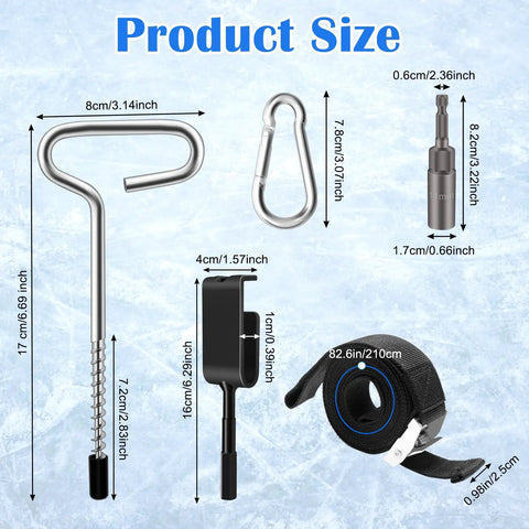 Pro Grade 14 Piece Ice Anchor Drill Adapter Kit For Ice Fishing Shelter Setup shown with size dimensions and components