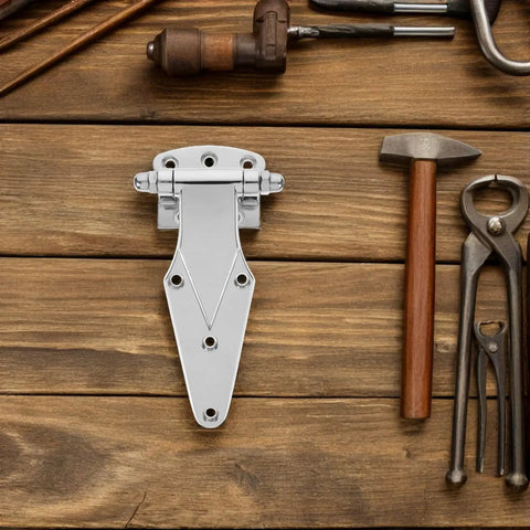 Heavy Duty Freezer Door Hinge Zinc Alloy, Easy Install Pivot Hinge For Household Freezers And Industrial Refrigeration, Tough, Reliable, Compact Design For Safe And Secure Door Operation displayed with tools on wooden surface