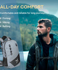 Man outdoors with Waterproof Fishing Backpack With Rod Holder And Submersible Zipper Inflatable Valve Padded Waist Straps Gear Loops