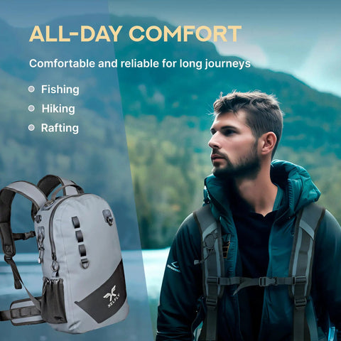 Man outdoors with Waterproof Fishing Backpack With Rod Holder And Submersible Zipper Inflatable Valve Padded Waist Straps Gear Loops