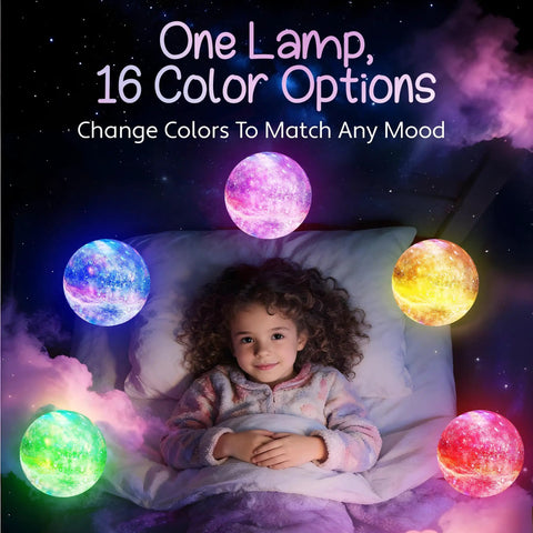 Child in bed with Galaxy Moon Lamp With Multi Color Glow, Touch Or Remote Control, Wood Stand, lit in various colors, 4.7 Inch