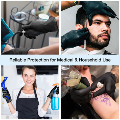 Top-Tier Black Nitrile Disposable Gloves In A Massive 1000-Count Box, 4 Mil Extra-Thick Cushioning X-Large Fit used for tattooing and cleaning.