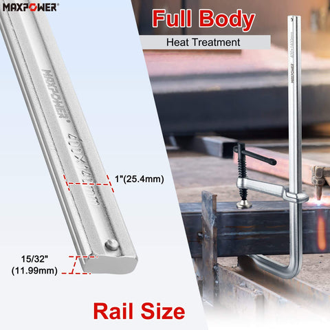 Deep Throat F Clamp For Welding Heavy Duty Bar Clamp With 15 5/8 Inch Jaw Opening And 5/5/8 Inch Deep Throat in use on metal rail