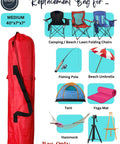 Replacement Bag For Folding Camping Chair 40x7x7 Inch 420D Oxford Polyester with side pockets shown in red next to camping gear.
