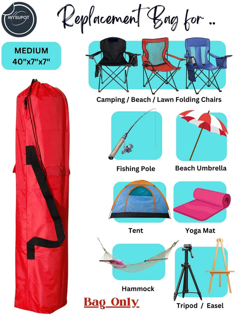 Replacement Bag For Folding Camping Chair 40x7x7 Inch 420D Oxford Polyester with side pockets shown in red next to camping gear.