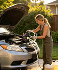 Woman using the 12V self-priming fluid transfer pump for draining engine oil from a car, ensuring easy maintenance.