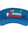 RV Sun Visor For Camping And Wine Nights in royal blue with wine-themed print, breathable mesh, adjustable closure, one size fits most.