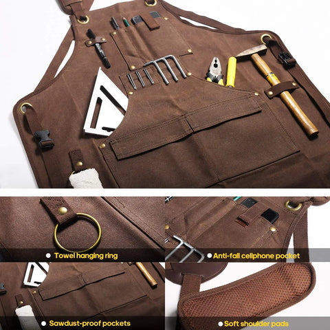 Woodworking Apron With 9 Tool Pockets And Magnetic Chest Holders, 20 Oz Waxed Canvas Shop Apron displaying tools and features
