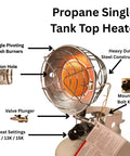 Tank Top Propane Heater For Outdoor Job Sites, features single pivoting mesh burners, heavy duty steel, 3 heat settings