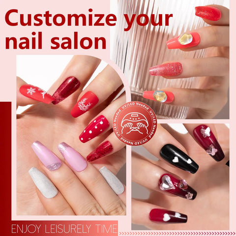 Hands showcasing nail art from Gel Polish Kit With Base And Top Gels 112 Piece Set Featuring 108 Vibrant Colors
