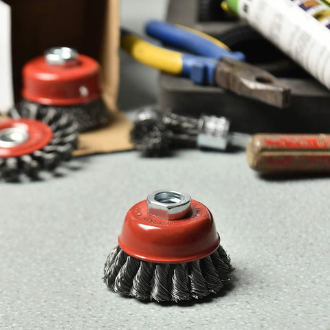 Close-up of 3 Inch Wire Cup Brush Set Four Pack Twisted Knotted Cup Brushes For Grinders With 5 8 11 Threaded Arbor