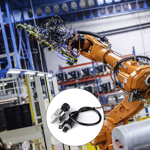 Industrial setting with robot arm and stainless steel pressure transducer sensor with connector one eighth inch NPT fitting