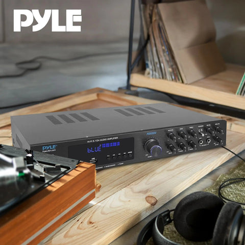 Bluetooth 5.1 Home Theater And Karaoke Amplifier That Delivers Party Ready Big Room Sound With Five Channels And Subwoofer Output Two Mic Inputs With Echo USB A Plus SD MP3 Player RCA In PDA8BU on wooden shelf