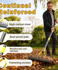 Heavy Duty Dual-Action Dethatching Rake With 19-Tine Design in use for lawn care, shown with highlighted features and specifications.