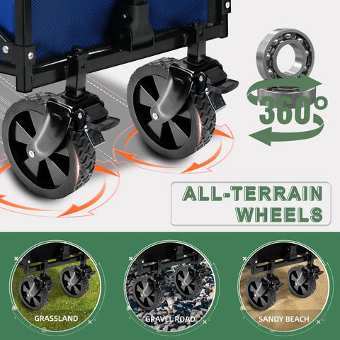Collapsible Folding Wagon With Tailgate For 300lbs Heavy Duty Load showing 360° brake wheels for all-terrain use