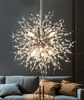Chic Crystal Pendant Light Fixture with 9 Light Firework Design in Modern Chrome Finish, Dandelion Style above living room sofa