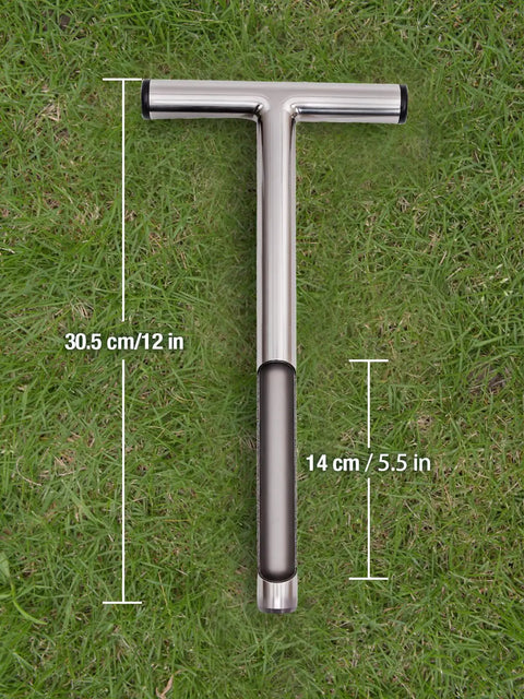 12 Inch Stainless Steel Soil Probe for Deep Sampling, Grab-and-Go Rust-Resistant Sampler Rod on lawn with T-handle