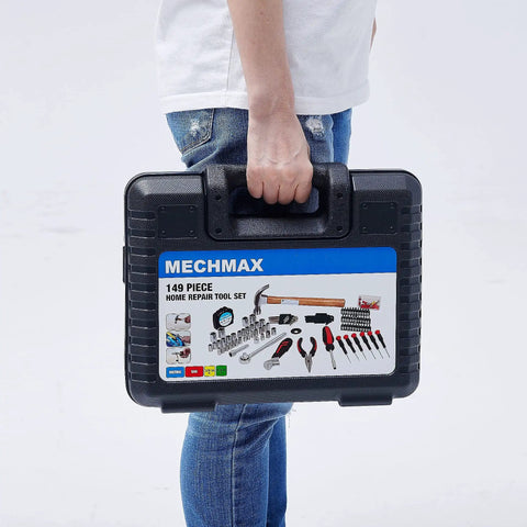 Person holding the 149-Piece Home And Auto Tool Kit With Hammer, Ratchets, Sockets, Pliers, Hex Keys And Durable Case