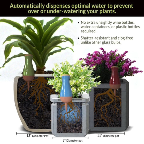 Extra Large Drip Irrigation Stakes No Fuss Easy Refill Four Week Watering System And Large Reservoir Bulbs For Automatic Self Watering Indoor And Outdoor Plants Plus Terracotta Feeder For Consistent Daily Hydration system in pots with plants