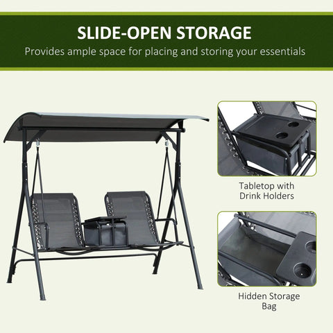 Two Seater Patio Swing Chair With Canopy And Storage Table, Outdoor Glider Swing With Cup Holder, Gray, Weather Resistant Frame