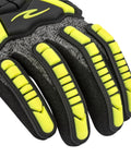 Close-up of Unisex Cut Resistant Nitrile Glove With A6 Protection, TPR Straps, TEKTYE Yarn, black and gray with yellow accents.