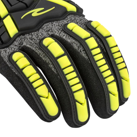 Close-up of Unisex Cut Resistant Nitrile Glove With A6 Protection, TPR Straps, TEKTYE Yarn, black and gray with yellow accents.