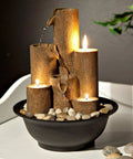 Indoor Tabletop Tiered Water Fountain With 3 Candles, 11 Inch Brown, Cozy Desk Setup Water Feature For Desk, Office Or Bedroom